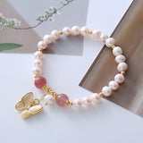 Flyshadow Elegant Freshwater Pearl Bracelet for Women with Chic Butterfly Pendant Fashion Jewelry and Pink Cat Eye Stone Beads Girls Gifts