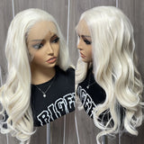 Flyshadow Platinum Blonde Wave Wig Synthetic Lace Front Wigs For Women White Blonde Natural Wave Lace Hair Long Wave Wig Cosplay Wig Party