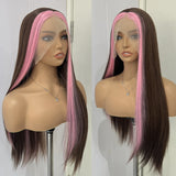 Flyshadow Highlights Pink Wig Synthetic Lace Front Wigs For Women Pink Highlights Wigs Brown Long Silky Straight Lace Hair Cosplay Party