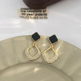 Flyshadow Rhinestone Rhombus Hanging Earrings Female Elegant Luxury Enamel Full Inlaid Crystal Square Hollow Geometric Ear Jewelry