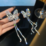 Flyshadow Tassel Butterfly Earrings For Women Shiny Rhinestone Big Bowknot Creative Jewelry Temperament Party Girl Accessories Gifts