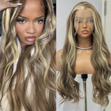 Flyshadow Hightlights Brown Wig Ash Blonde Synthetic Hair Long Wave Deep Body Wave Glueless Wigs Frontal Lace Wigs For Women Cosplay Party