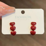 Flyshadow Red Enamel Oil Heart Drop Earrings for Women Party Trendy Geometry Golden Metal C Shape Dangle Earrings Statement Jewelry