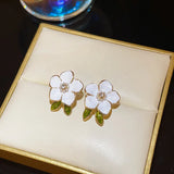 Flyshadow Trendy Cute White Flower Stud Earrings for Women Girls Enamel Oil Camellia Green Leaf Crystal Imitation Pearl Earrings Jewelry