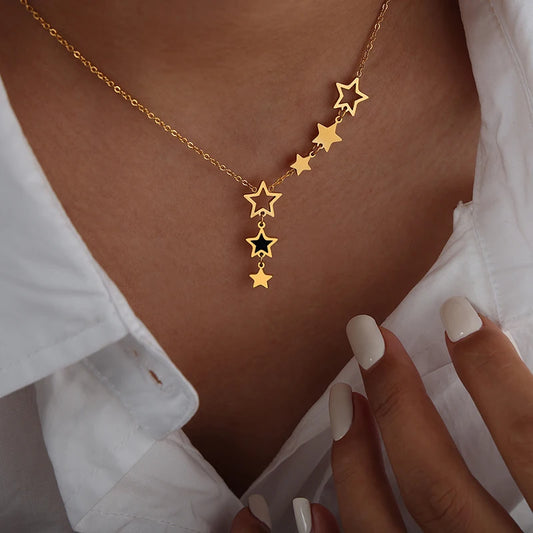 Flyshadow New in Star Pendant Necklace for Women Stainless Steel Gold Plated Chain Black Acrylic Fashion Jewelry Girlfriend Gift Wholesale