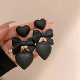 Flyshadow New Elegant Exaggeration Black Bowknot Drop Earrings For Women Heart Earrings Vintage Daily Jewelry Make You Fashionable