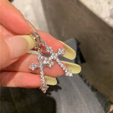 Flyshadow Cool Pink Rhinestone Zircon Cross Earrings For Women Korean Fashion Earring Daily Birthday Party Jewelry Gifts