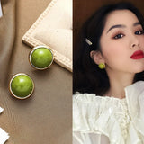 Flyshadow Trendy Green Round Stud Earrings for Women Party Classic Jewelry Golden Color Geometry Beans Shape Earrings