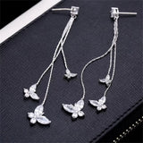 Flyshadow Korean Fashion Zircon Butterfly Tassel Earrings Trendy Crystal Silver Color Rhinestone Pendant Earrings Party Jewelry