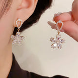 Flyshadow Fashionable and Sweet Droplet Shaped Zircon Flower Earrings Light Luxury Elegant and Gentle Women's Earrings Jewelry Gifts