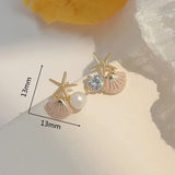 Flyshadow Creative Earrings Starfish Shell Shape Ladies Ear Studs Inlaid Cutting Dazzling Crystal Ocean Girl Jewelry Accessories for Women