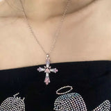 Flyshadow Pink Zircon Cross Pendant Jewel Necklace Fashion Gothic Punk Y2K Rhinestone Jewellery Fashion Charm Statement Women Gift