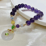 Flyshadow Natural Amethyst Crystal Bracelet for Women Ethnic Style Purple Beads Bangle with Purse Pendant New Arrival Friends Accessory