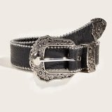 Flyshadow Western PU Leather Belt Western Cowboy Women Cowgirl Unisex Waist Belt with Metal Engraved Buckle