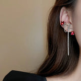 Flyshadow Fashion Red Rose Flower Drop Earrings for Women Luxury Metal Asymmetric Tassel Earrings Exquisite Wedding Party Jewelry Gifts