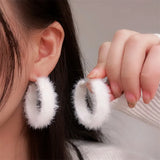 Flyshadow Plush Hoop Earrings for Women Furry White Round Hoop Geometric Statement Earrings Jewelry for Wedding Party Winter Jewelry