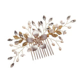 Flyshadow Bridal Wedding Pearl Flower Hairpin Side Comb Golden Leaf Shaped Alloy Tiaras Insert Jewelry Comb Hair Jewelry Bride Headwear