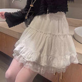 Flyshadow Kawaii Ruffle White Short Skirt Lace Lolita Elegant Mini Skirts Layered Solid Sweet Elegant Japanese Style Casual Skirt