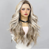 Flyshadow Party Lolita Cosplay Women Wig Handmade Lace Wig High-End Gray Women's Wig Gradient Color Daily Large Wave Curly Hair