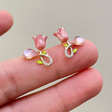 Flyshadow Pink Flower Stud Earrings for Women Enamel Oil Crystal Bud Green Leaf Small Earrings Wedding Party Cute Jewelry