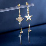 Flyshadow New Trend Star Earth Long Tassel Dangle Earrings For Women Planet Crystal Statement Pendant Earrings Wedding Party Jewelry