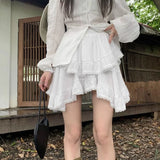 Flyshadow Ruffles Kawaii Women Mini Skirt Japanese Style Irregular Sweet Lace White Patchwork Elegant Casual Black Short Skirt