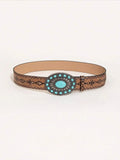 Flyshadow Boho Turquoise Buckle PU Belt Vintage Brown Embossed Waistband Vintage Cowgirl Belts Classic Jeans Pants Belts For Women