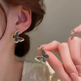 Flyshadow Inlaid Zircon Black Crystal Silver Colour Butterfly Earrings Women's Personality Fashion Earrings Wedding Birthday Gifts