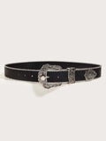 Flyshadow Western PU Leather Belt Western Cowboy Women Cowgirl Unisex Waist Belt with Metal Engraved Buckle