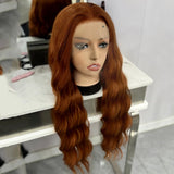 Flyshadow Orange Long Natural Wavy Synthetic Lace Wigs Long Body Wave Lace Hair Frontal Lace Wigs For Women Heat Resistant Cosplay Daily