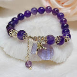 Flyshadow Natural Amethyst Crystal Bracelet for Women Ethnic Style Purple Beads Bangle with Purse Pendant New Arrival Friends Accessory