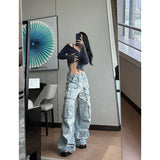 Flyshadow Women Blue Jeans Hip Hop Streetwear High Waist American Wide Leg Pants Fashion Y2K Style Female Winter Straight Trousers