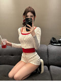 Flyshadow 2024 New Korean Fashion Party 3 Piece Set Woman Knitted Cardigan + Casual Short Vest + Slim Shorts Outwear Sweet Suit Female