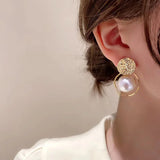 Flyshadow Irregular Round Large Pearl Hollowed Geometric Metal Earrings For Women Party Gift Fashion Jewelry Accessories