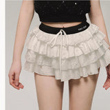 Flyshadow Kawaii Sexy Ruffle White Mini Skirt Fairycore Cake Pleated Lace Up Short Skirts Coquette Casual Layered Patchwork Skirt