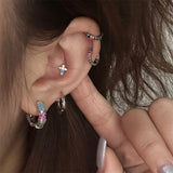 Flyshadow Korean Fashion Colorful Zircon Flower Cross Stud Earring for Women Aesthetic Jewelry Harajuku Cool Y2K Accessories New