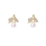 Flyshadow Elegant Imiation Pearl Stud Earrings for Women Party Golden Jewelry Fashion Small Crystal Leaves Earrings