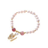 Flyshadow Elegant Freshwater Pearl Bracelet for Women with Chic Butterfly Pendant Fashion Jewelry and Pink Cat Eye Stone Beads Girls Gifts