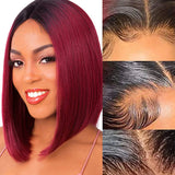 Flyshadow Burgundy Short Straight Bob Human Hair Wigs Brazilian Lace Front Human Hair Wigs Pre Plucked T Part Lace Wigs Remy Hair