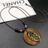 Flyshadow Ethnic Style Round Wood Beads Alloy Leaf Pendant Necklace For Women Girl Bohemian Sweater Chain Vintage Jewelry Accessories Gift