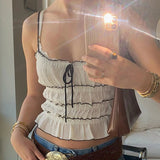 Flyshadow Ruffles Layers Slim Fit Camis Front Tie Up Bow Low Cute Mini Vest 00s Retro Y2K Fairycore Grunge Crop Tops Women