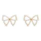 Flyshadow Imitation Pearl Bow Stud Earrings for Women Girls Sweet Elegant Jewelry Trendy Simple Small Hollow Out Earrings Accessories