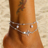 Flyshadow Fashion Multilayer Anklet Women Heart Wave Pearl Tag Pendant Ankle Bracelet Foot Chain On Leg Sandal Beach Jewelry