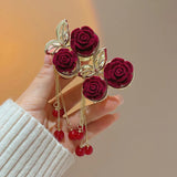 Flyshadow New Women's Metal Tassel Hair Claws Elegant Velvet Flower Hair Clips Small Barrette Crab Hair Clips Headdress Hair Accessories