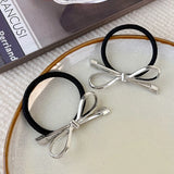 Flyshadow Elegant Silver Metal Bow Head Rope Cute Bowknot Hair Ties Elastic Rubber Bands Ponytail Holder For Women Girls Hair Accessories