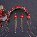 Flyshadow New Red Flower Bridal Barrettes Red Beaded Tassel Hair Clips Back Head Wedding Headdress Earrings Jewelry Set Accessories