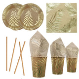 Flyshadow Disposable Kraft Paper Tableware Set Golden Colored Palm Leaf Pattern Plate Cup Towel Straw Party Decor Wedding Birthday Cutlery