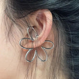 Flyshadow Fashion Exaggerated Hollow Flower Ear Bone Clip Non-Pierced Earring Silver Color Ear Cuff for Women Girls Aesthetic Jewelry 1pc