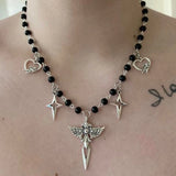 Flyshadow Punk Sard Cross Choker Cool Accessory Angel Heart Pendant Necklace Women Goth Jewelry Egirl Aesthetic Grunge Rock Korean Fashion