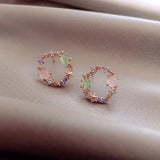 Flyshadow Korean Round Stud Earring Pink Green Crystal Stud for Women Design Classic Sweet Flower Cirlce Jewelry Weeding Fashion Brincos